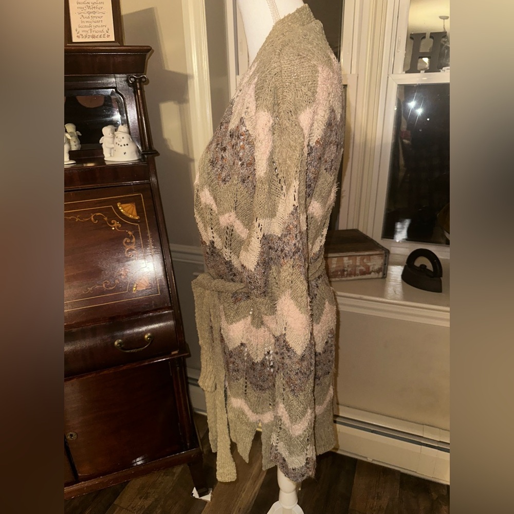 New Preswick & Moore Womens Long Cardigan Tans/ Pale Pink Boho/ Belt / size 2X - Picture 7 of 15